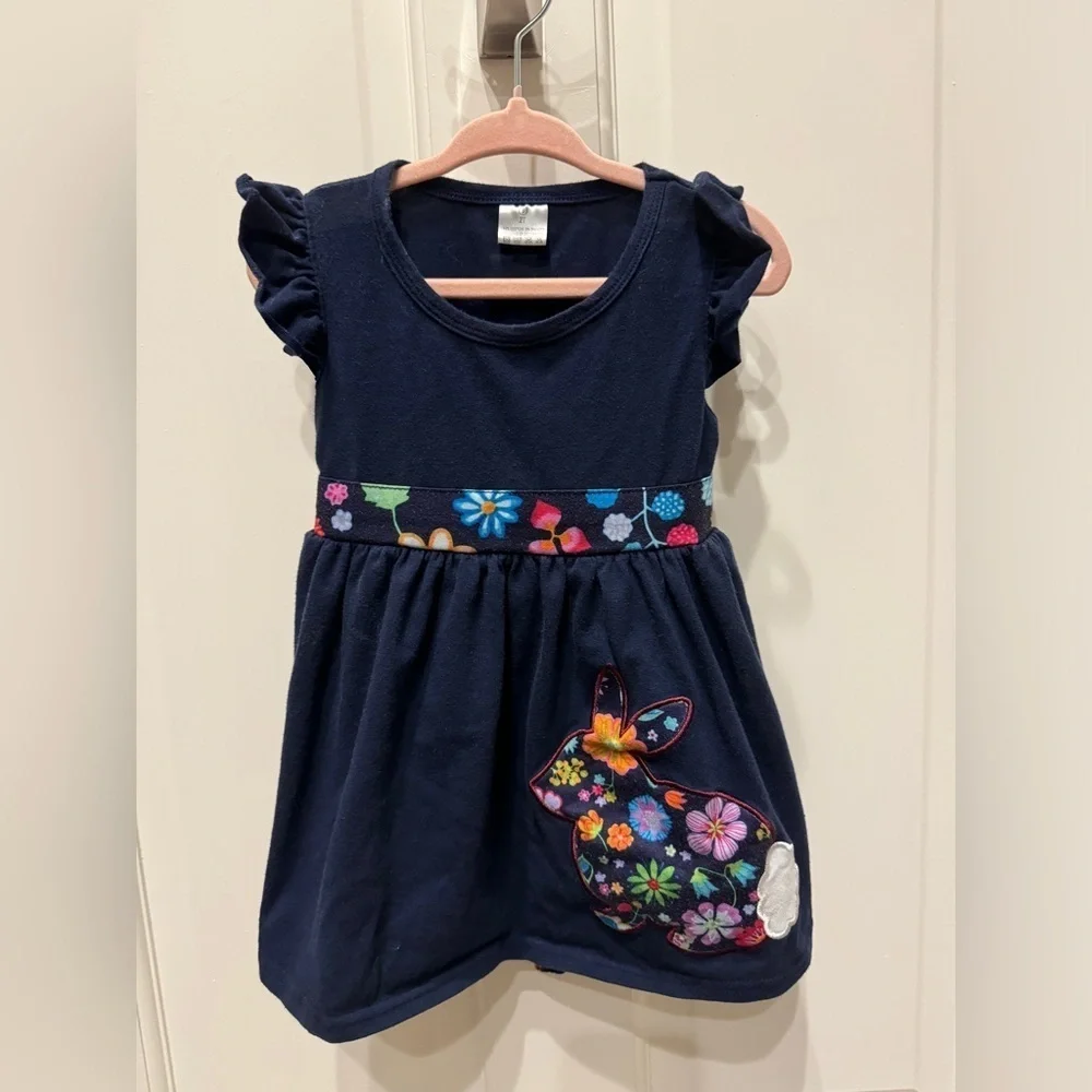 Girls 2T Navy Blue Floral Rabbit Bunny Easter Short Sleeve Dress